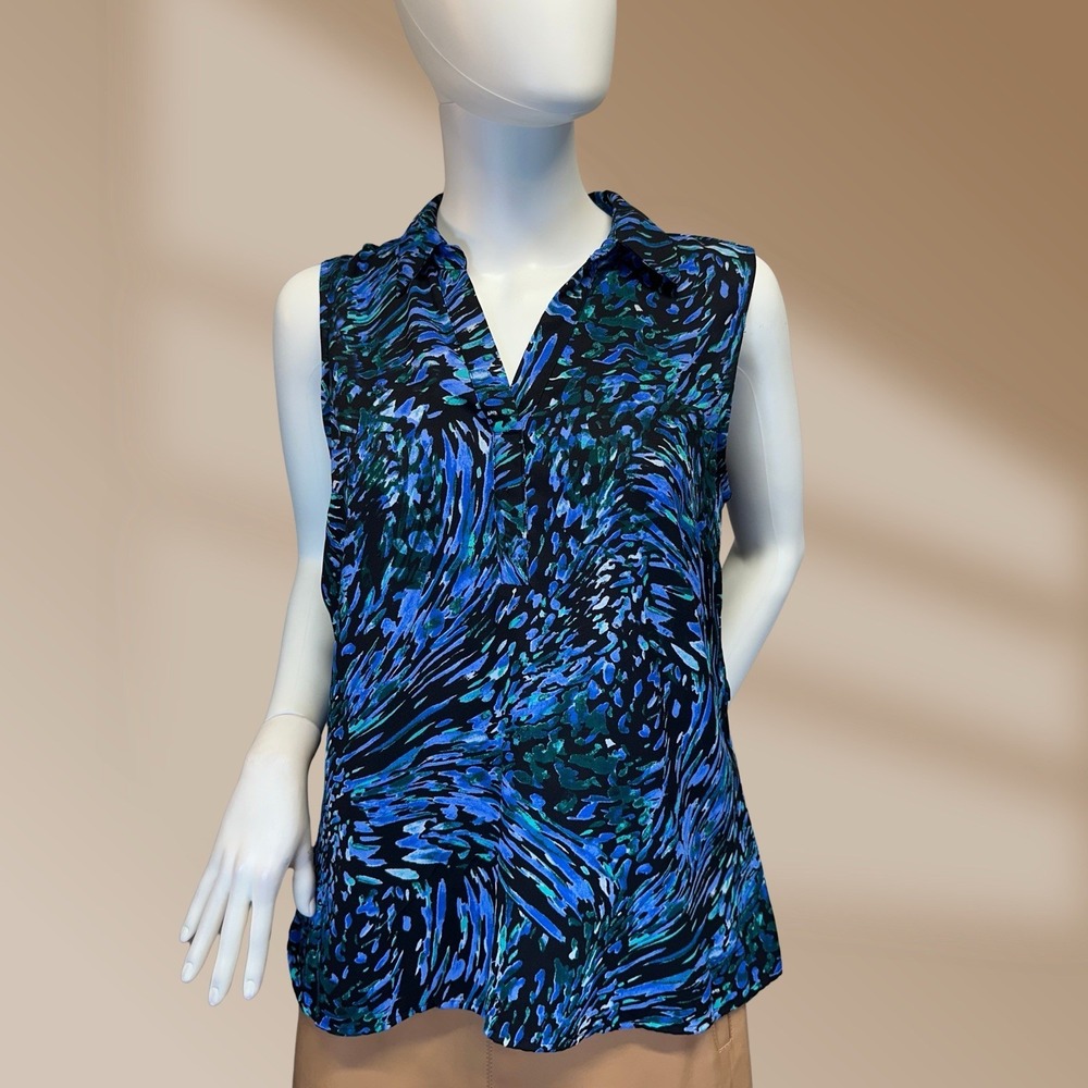 Dana Buchman Ladies Black Multicolor Sleeveless Collard Tank Top Blouse Sz Med